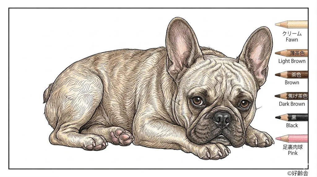 フレンチブルドッグ（完成見本） ｜ 高齢者（g3b3）向け無料塗り絵